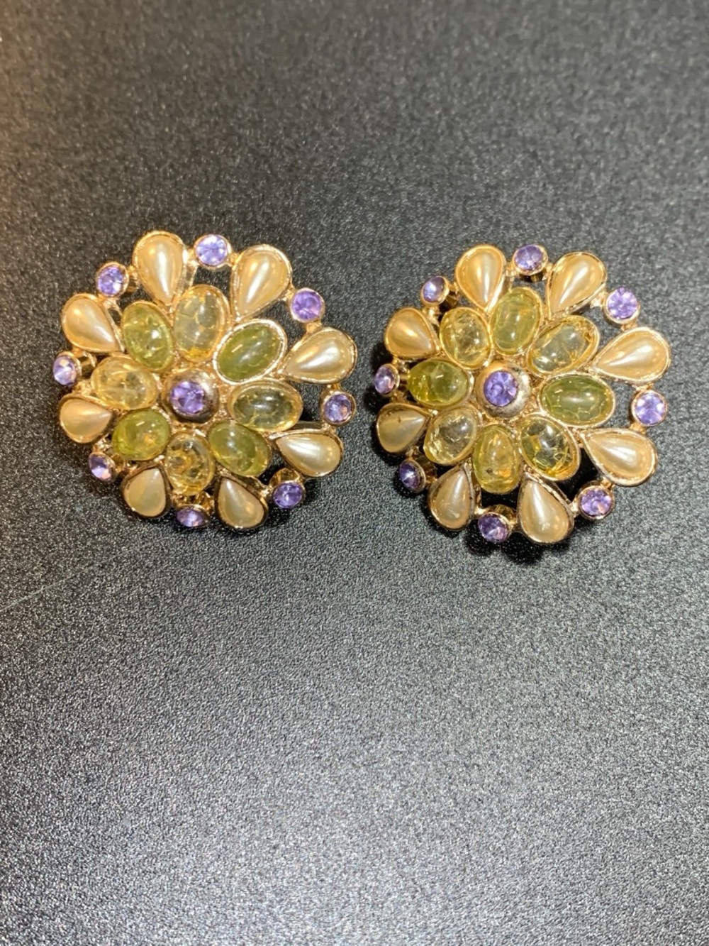 VintageMonet Gold-Tone Floral Clip on Earrings Yellow-Green and Purple Accents